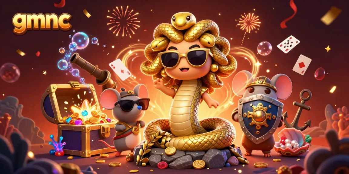 Play with gmnc: Medusa and a warrior mouse explore a vibrant casino scene surrounded by treasures.