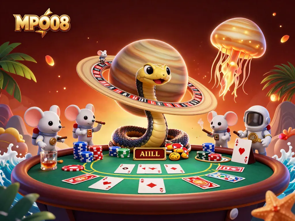 MPO08 showcases a vibrant cosmic casino scene with playful characters and dynamic betting action.