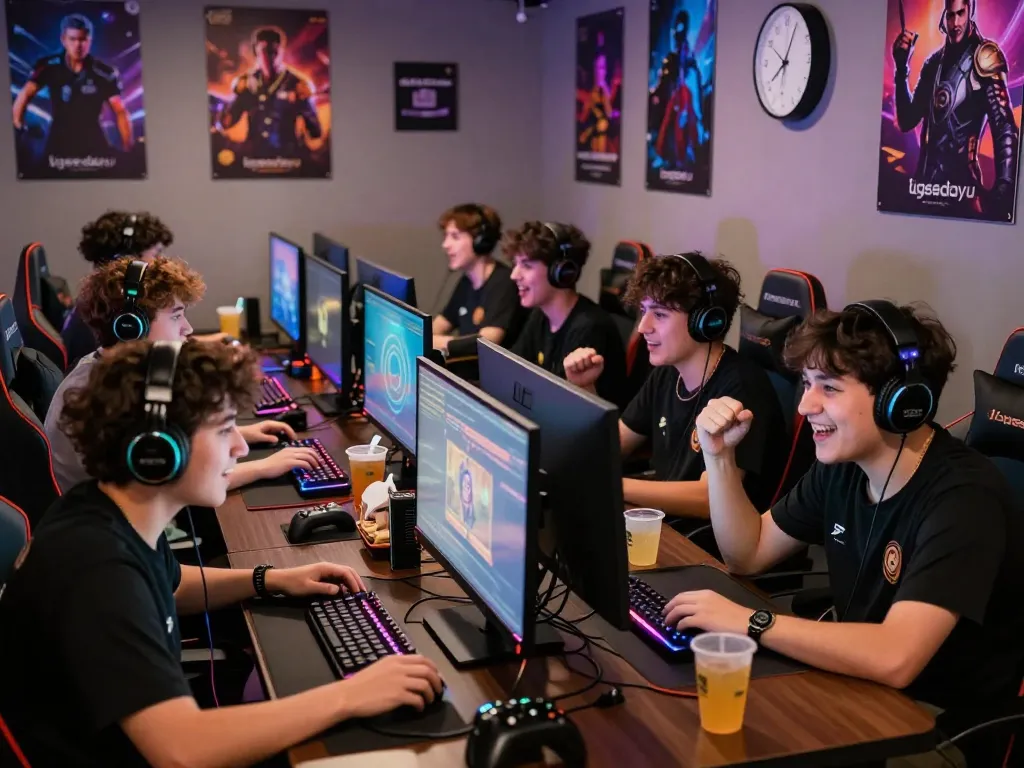 Youth engaging in a competitive ligasedayu gaming tournament in a colorful café.