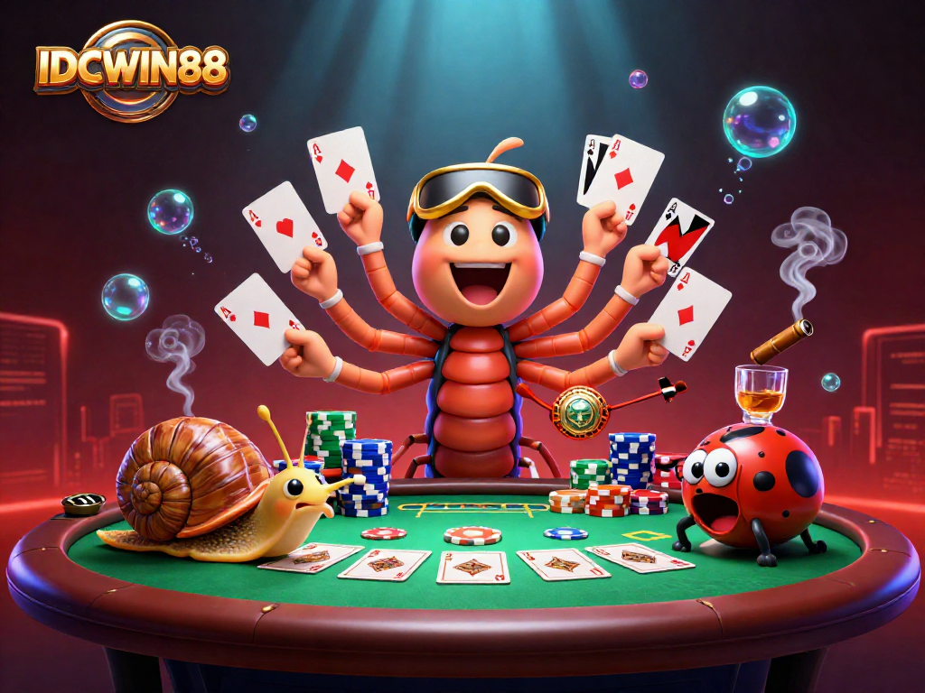 Experience thrilling poker action at IDCWIN88 with vibrant characters, dynamic chip stacks, and colorful cards.