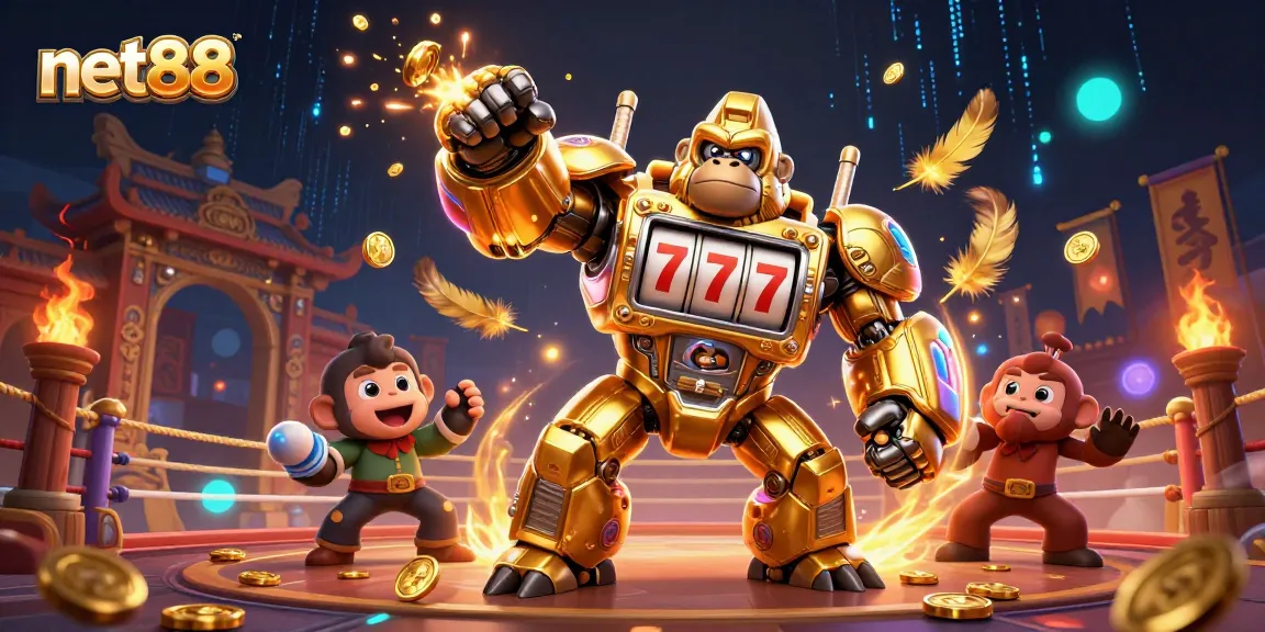 Experience net88's thrilling world of slots as a golden gorilla mech punches through exploding coins.