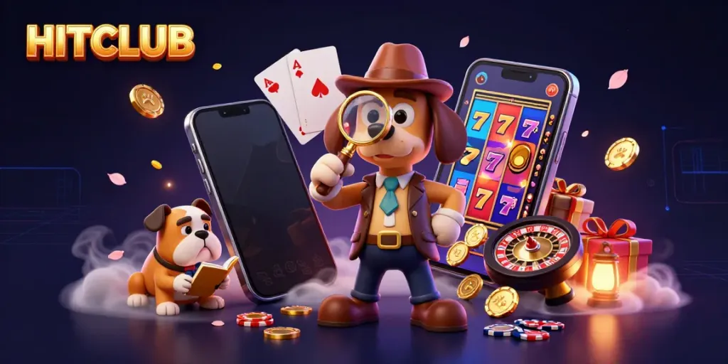 Engage in thrilling gameplay at HITCLUB with a detective and his bulldog companion discovering a golden poker chip.