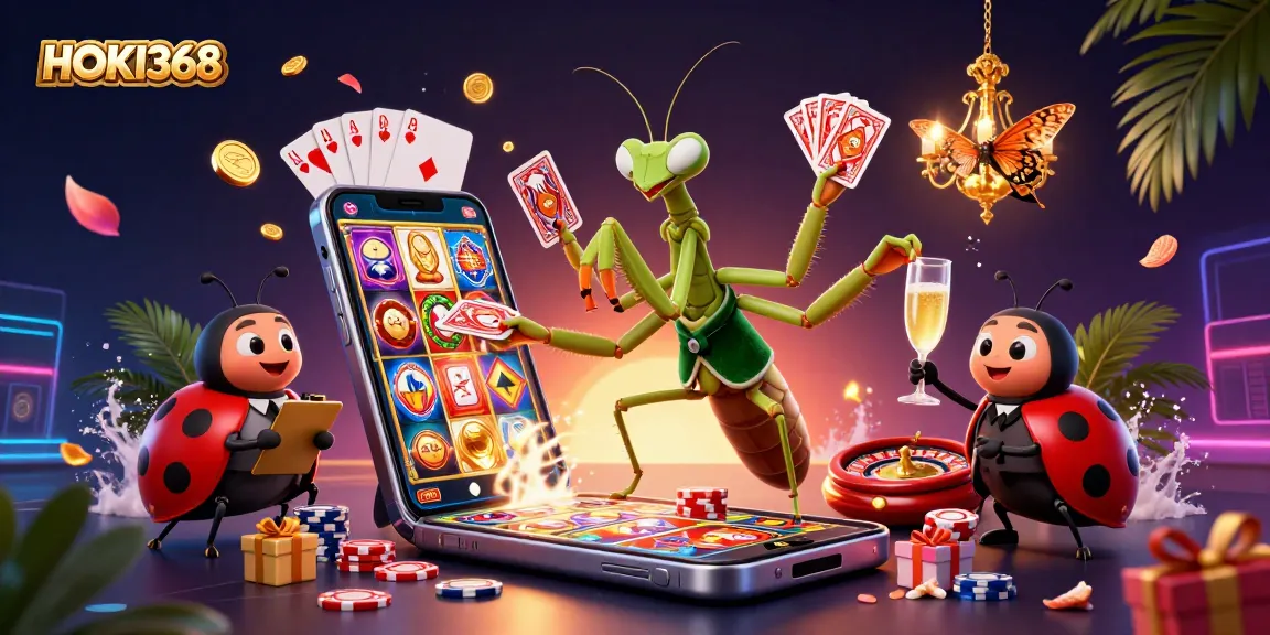 Engage with HOKI368 as the mantis card sharp deals cards and pours champagne, creating excitement.