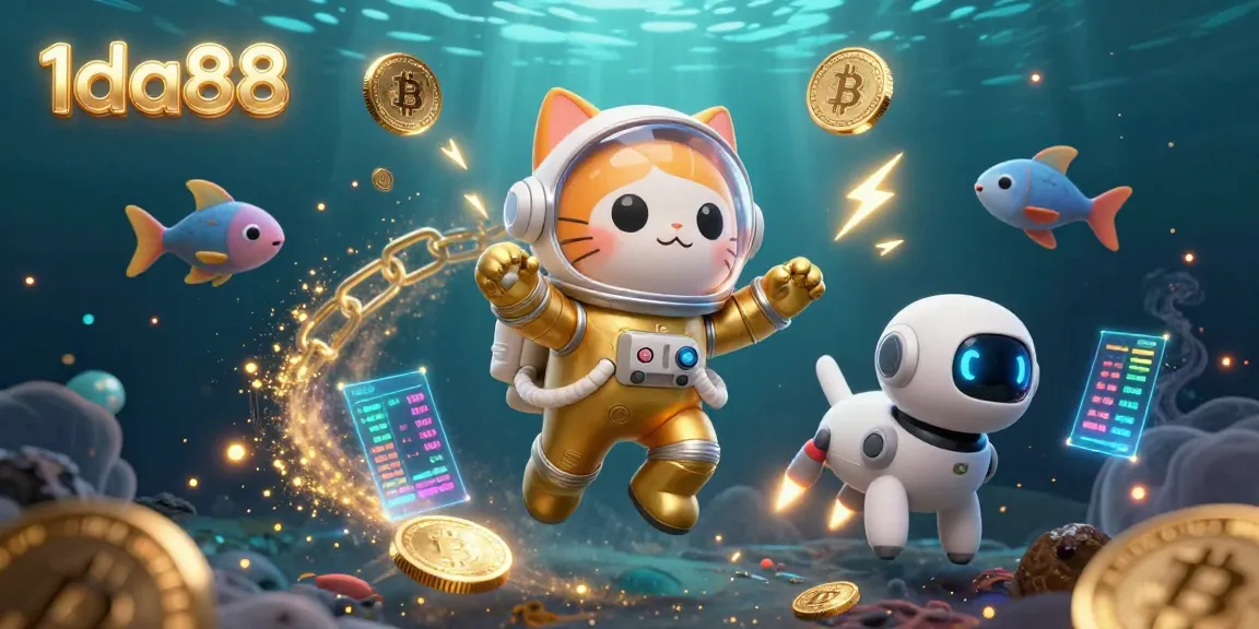 Bet on 1da88 with a 3D astronaut cat and golden space elements creating excitement in cryptocurrency gaming.