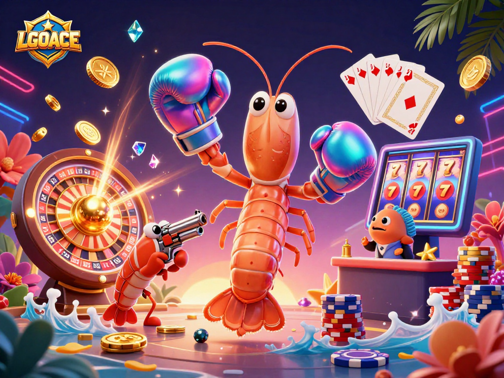 LGOACE brings excitement with a vibrant, 3D casino scene featuring colorful shrimp characters and rich gaming elements.