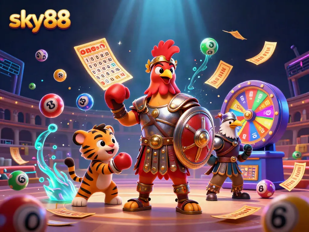 Engage in thrilling gameplay at sky88 with 3D gladiator rooster and vibrant lottery elements.