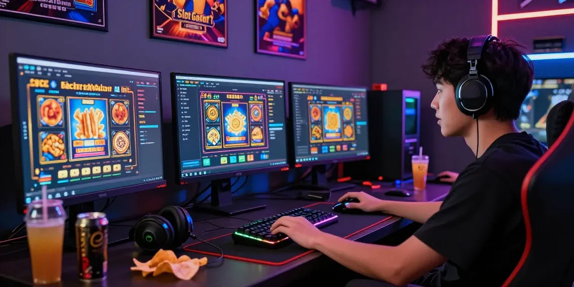Engaged player enjoying Slot Gacor Malam Ini in a vibrant gaming setup with multiple screens.