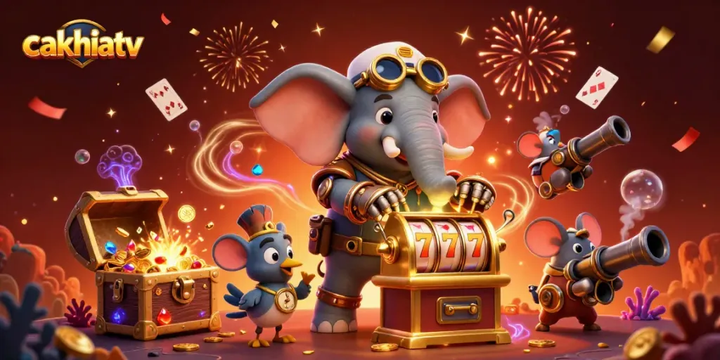 CakhiaTV showcases vibrant gambling action with a steampunk elephant engineer and slot machine.