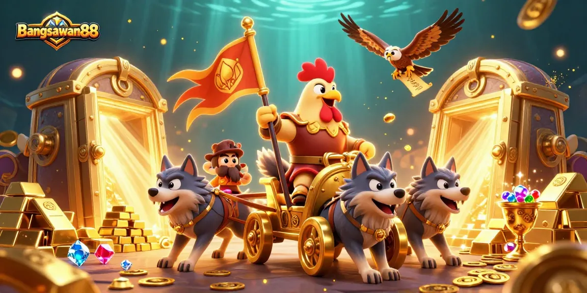Bangsawan88 players enjoy thrilling sports betting action with dynamic scenes of golden treasures and fierce champions.
