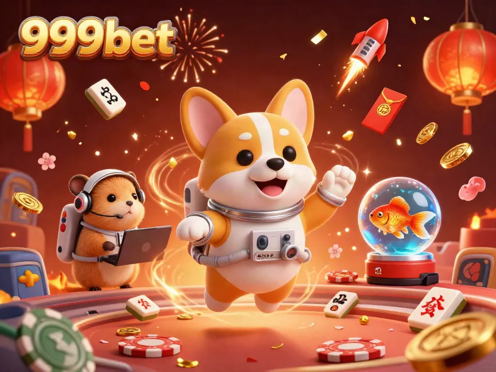 Experience the vibrant 999bet gaming scene with a 3D cartoon astronaut corgi and other whimsical characters in a cosmic casino adventure.