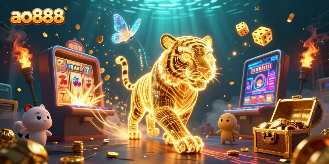 Experience the thrill of ao888 with a neon golden tiger in a vibrant digital casino bursting with jackpots.