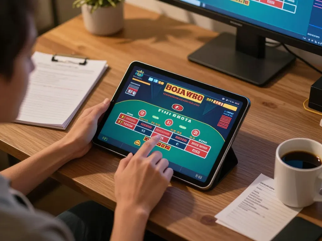 Mandy Roberts Yoga strategy session featuring a person enjoying online blackjack in a cozy home office.
