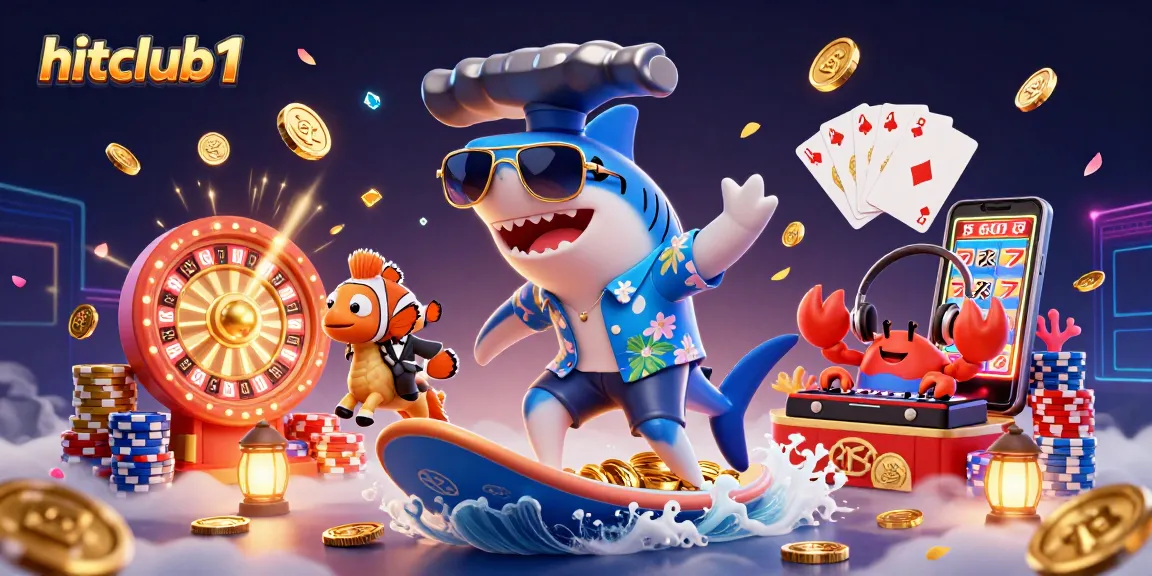 Experience the excitement of hitclub1 with a dynamic 3D casino scene featuring unique gaming characters and vibrant decorations.