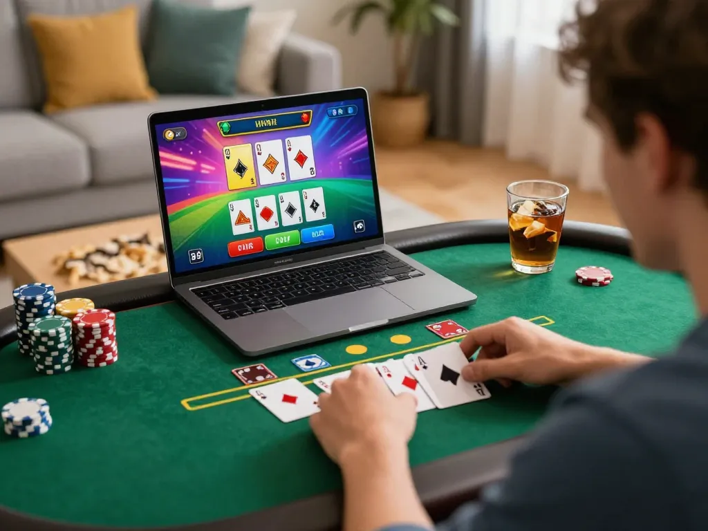 Engaging in a strategic blackjack game on badak178 platform with vibrant screen and cozy setting