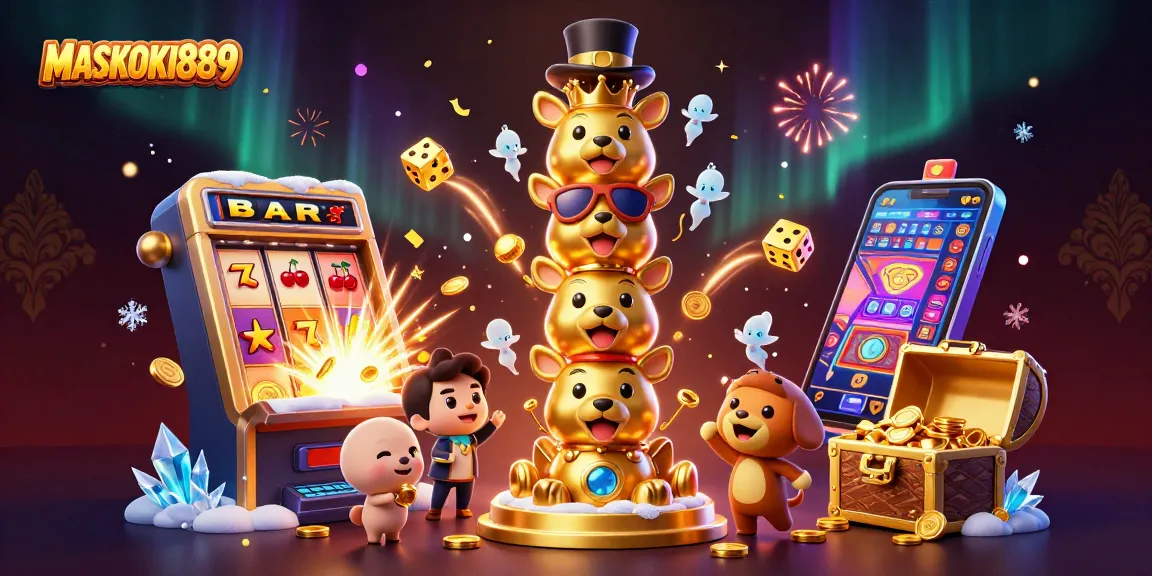 Experience thrilling wins with MASKOKI889 in an exciting casino scene bursting with vibrant elements.