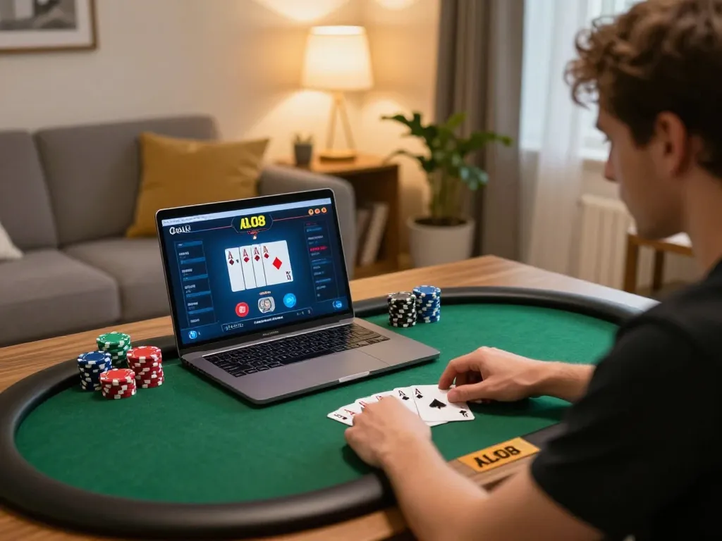 Engaging online poker gameplay at home with ALO8 on screen and warm, inviting atmosphere