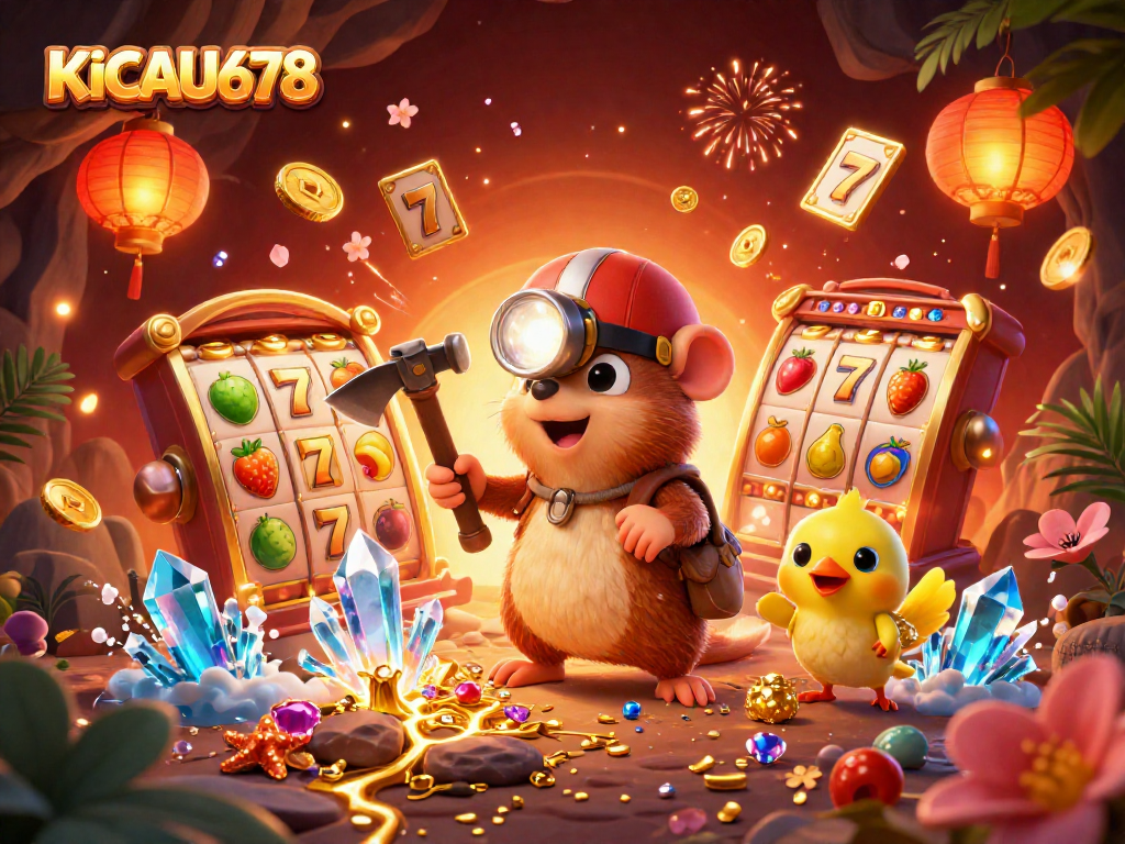 KICAU678 casino scene with a treasure hunter mole and canary amidst slot reels and golden charms