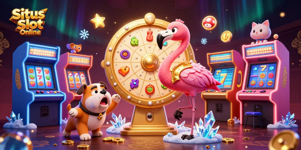 Experience the thrill with Situs Slot Online as a flamingo host spins a golden prize wheel.