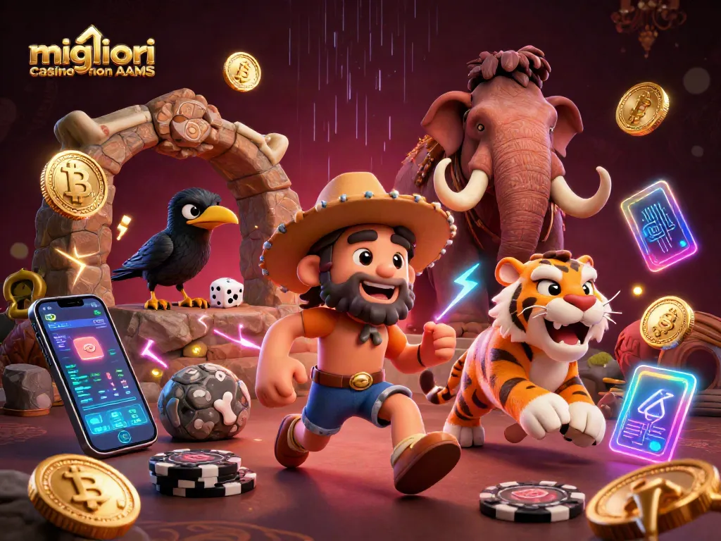 Migliori casinò non AAMS con cavernicolo e tigre in un'illustrazione 3D animata di casinò.