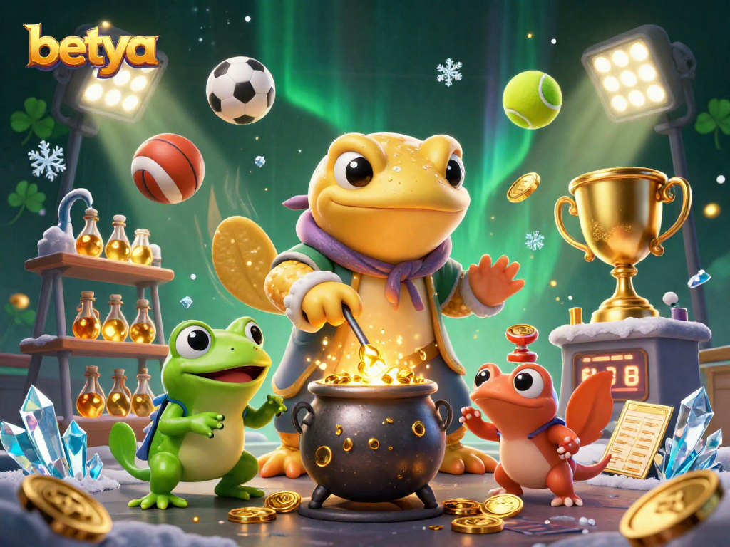 Join betya's gaming adventure as golden treasures and sports action come to life in a magical scene.