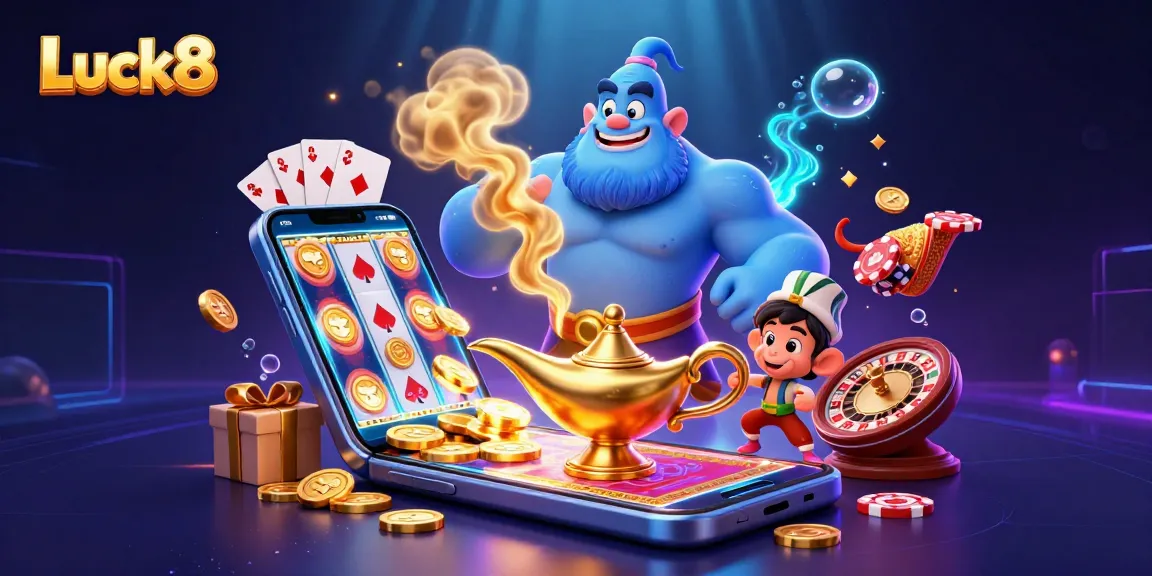 Engage with the vibrant Luck8 casino scene featuring a blue genie, poker chips, and slot game action.