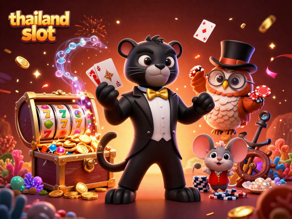 Play exciting thailand slot games in this vibrant casino scene with engaging characters.
