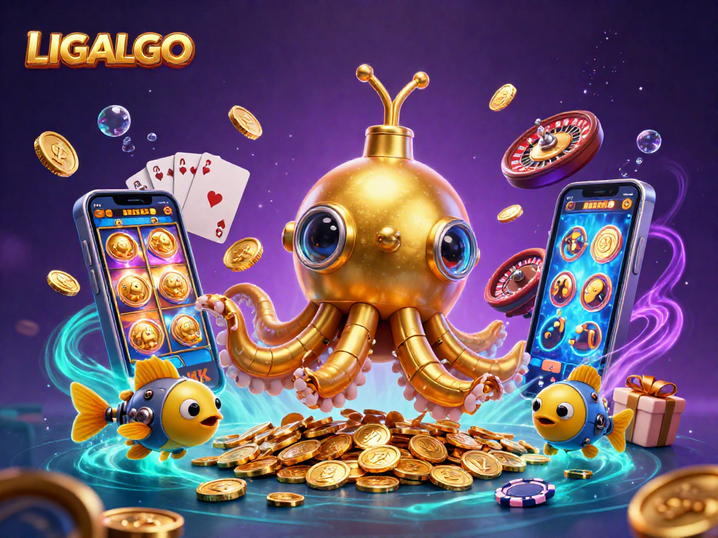 LIGALGO showcases an engaging 3D scene of a golden kraken submarine amidst golden coins, symbolizing online slot gaming.