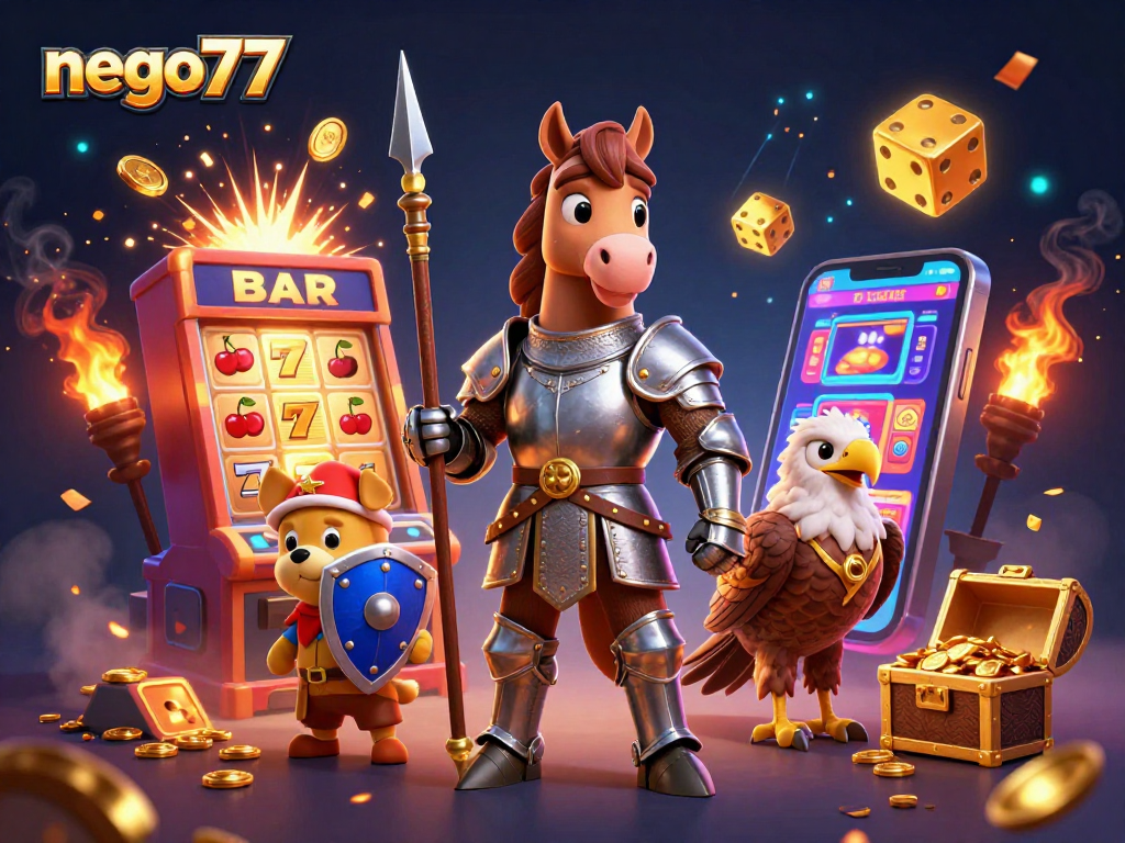 Experience the thrill of winning with nego77 in a vibrant slot machine adventure scene.