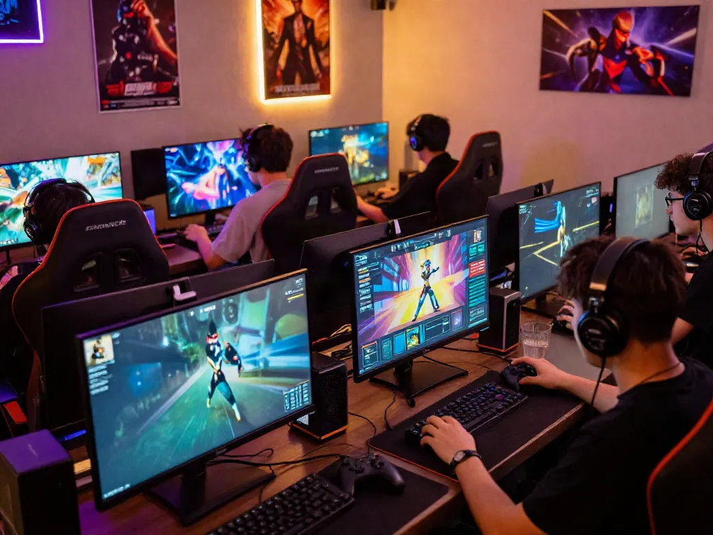 Gamers enjoying QQMacan in a lively gaming lounge, showcasing engaging multiplayer action.