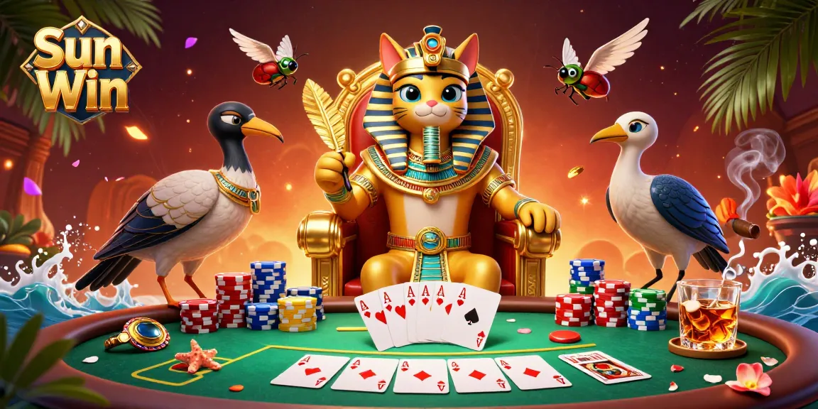 Win big with Sun Win at a vibrant poker scene featuring Egyptian characters and dynamic elements.