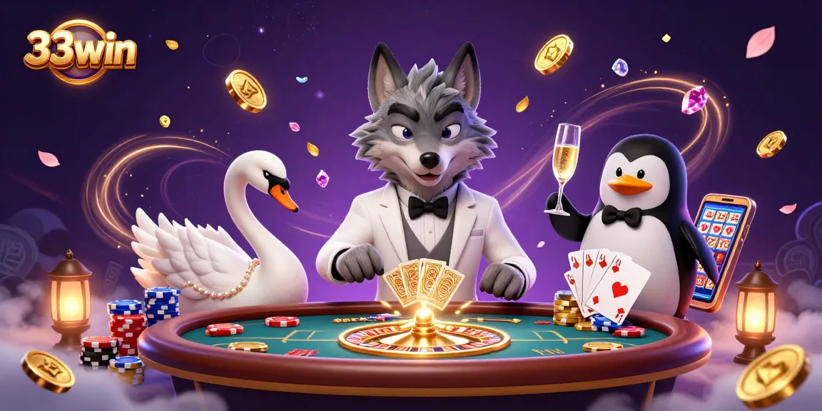 Experience exhilarating 33win action with a charming wolf at the baccarat table, amidst golden coins and vibrant cards.