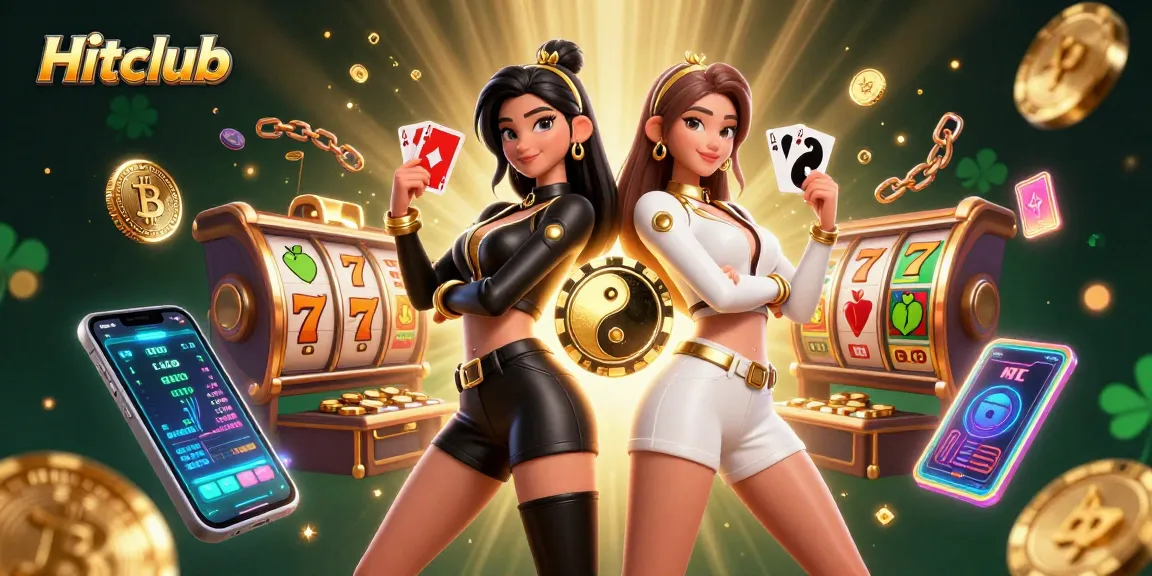 Hitclub twin Asian women deal cards in a vibrant casino scene filled with slots and crypto elements.