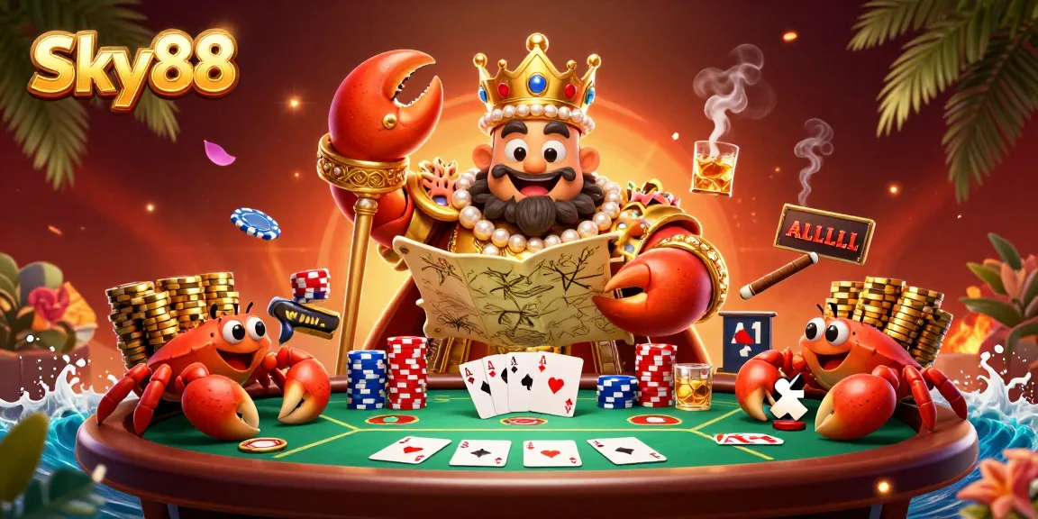 Bet on exciting poker hands at Sky88 featuring a golden crab emperor in a vibrant casino.