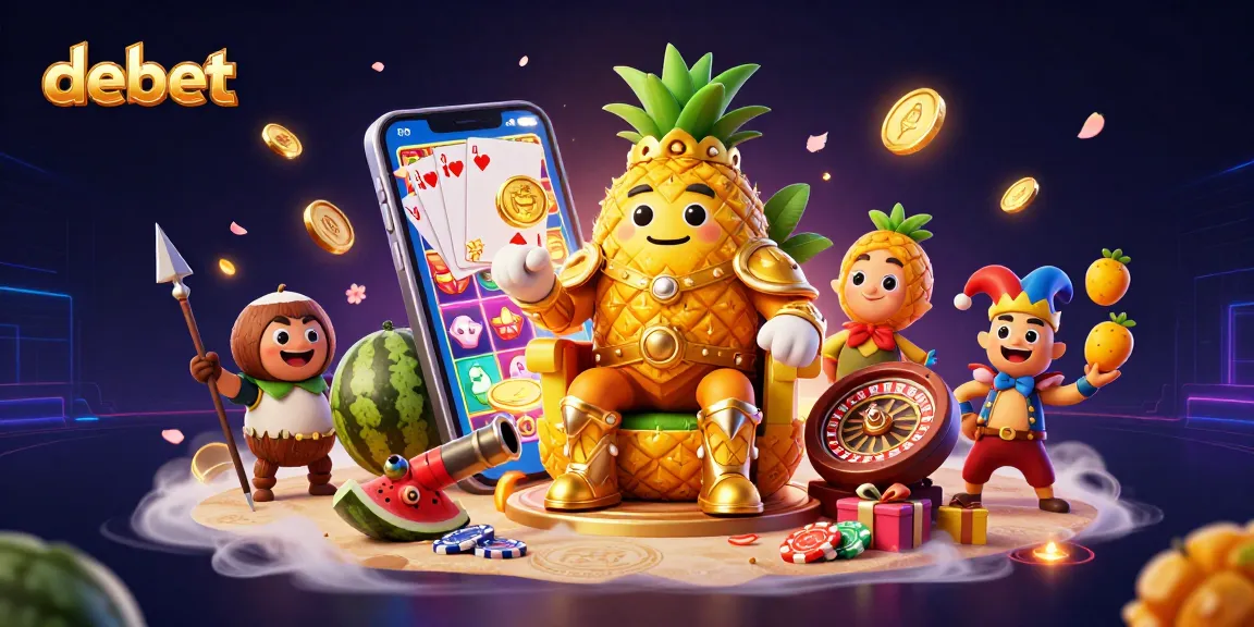 Engage with debet-themed gaming fun featuring a golden pineapple king at a vibrant beach casino.