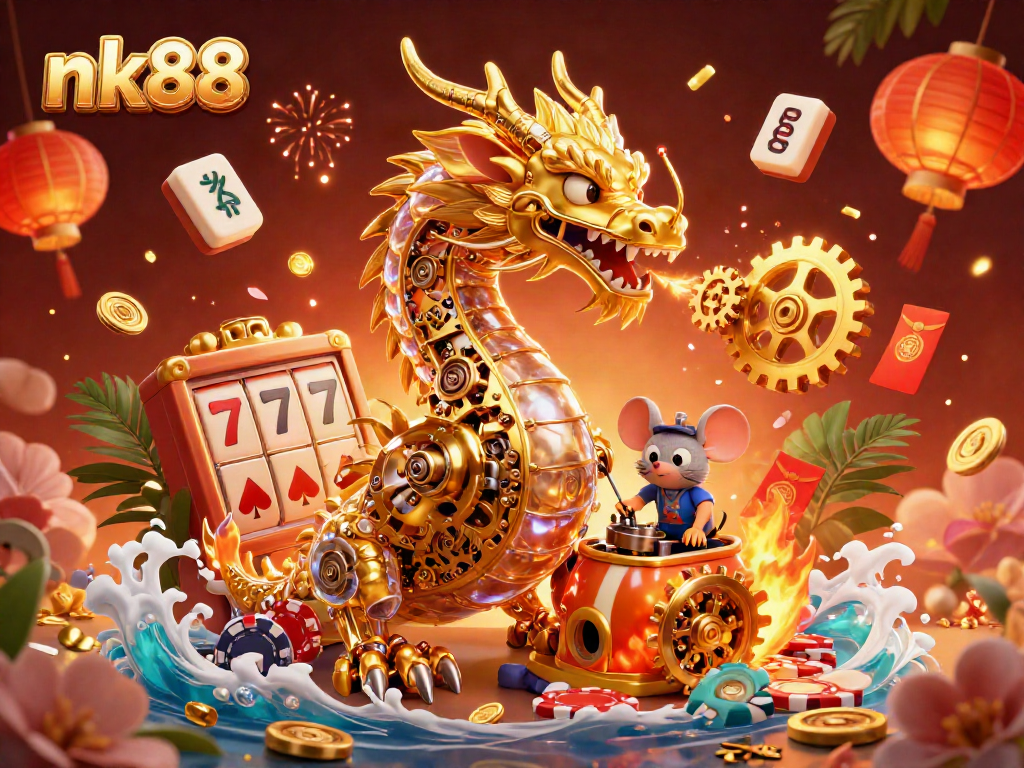 Experience thrilling gameplay at nk88 with our captivating fantasy-themed illustration featuring a golden dragon and dynamic casino elements.