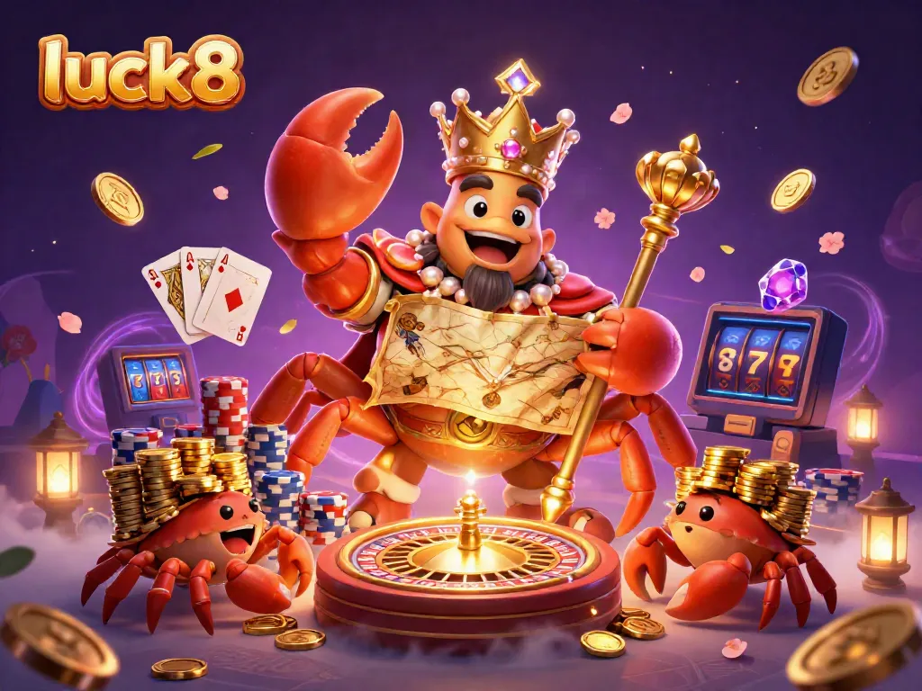 Experience thrill and fortune with luck8's golden crab emperor holding treasure and surrounded by gaming elements.