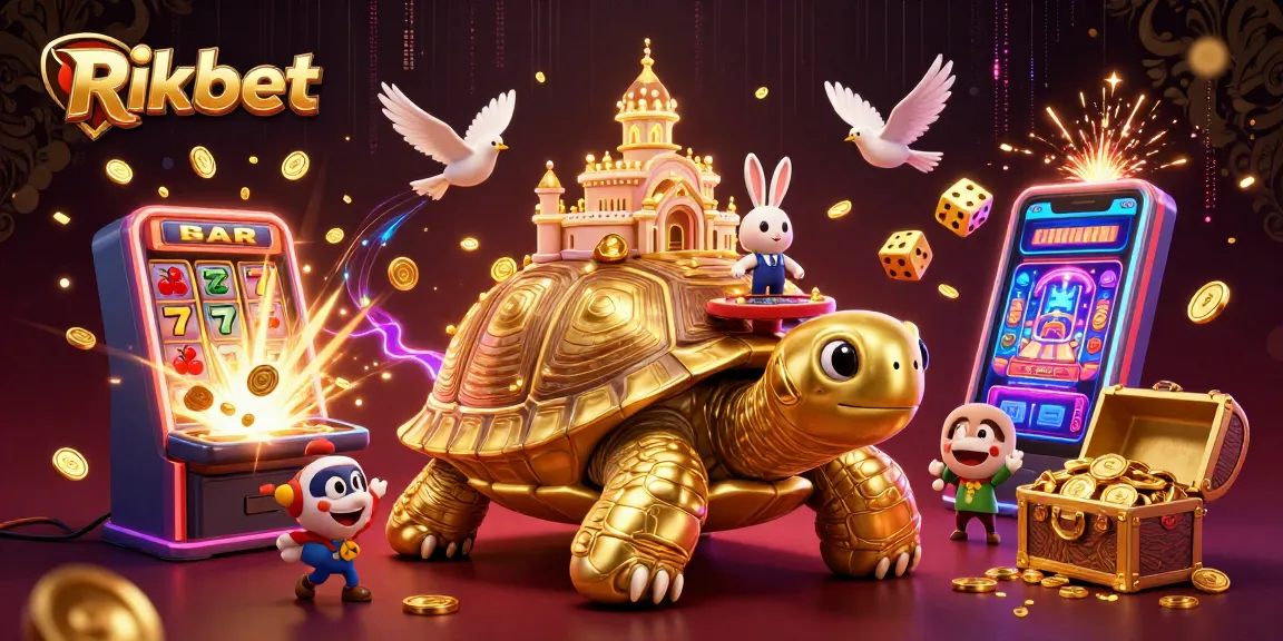 Experience thrilling gameplay with Rikbet's dynamic golden tortoise casino scene bursting with excitement.