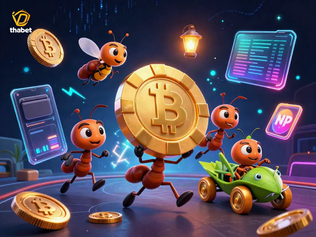 Ants carry a giant poker chip in a vibrant thabet casino heist scene with glowing crypto coins.