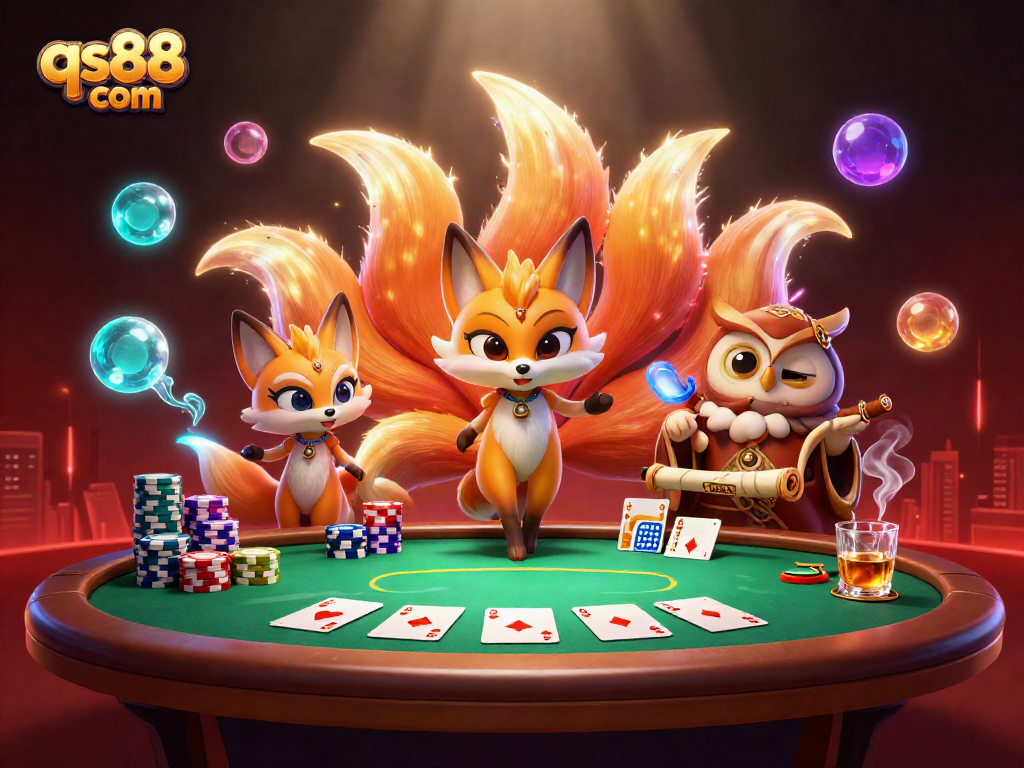 Join the excitement with qs88 com's vibrant casino experience featuring a nine-tailed fox and wise owl amidst poker action.