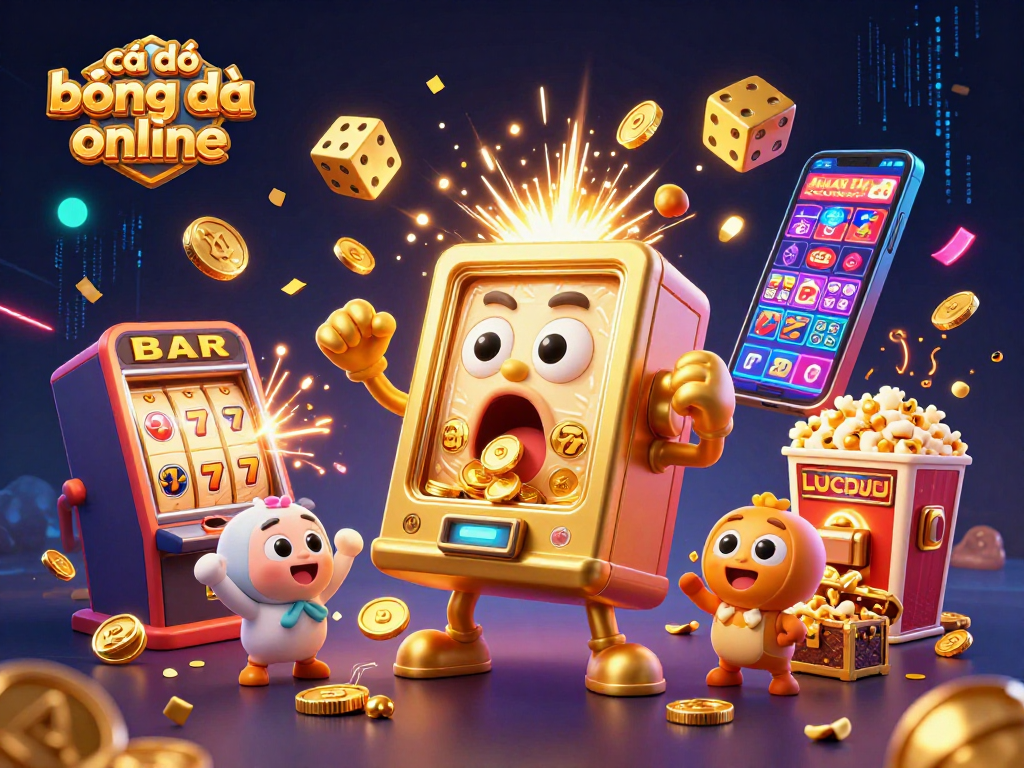 Cá độ bóng đá online scene features a shocked golden slot machine celebrating a jackpot, dazzling coins pouring out.