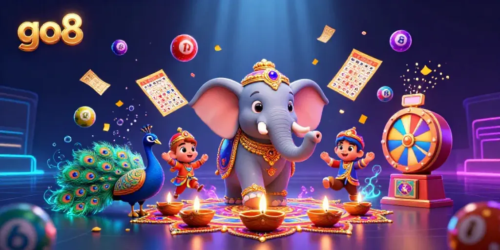 Experience exciting wins at go8 with vibrant lottery elements and a festive scene.