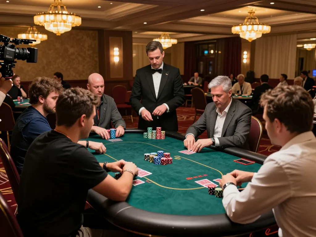 rokok88 poker players analyze strategies at a vibrant casino tournament.