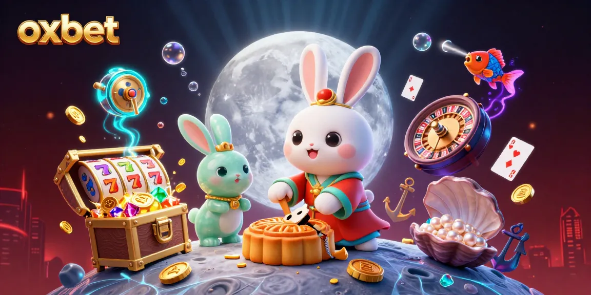 Experience the thrill at oxbet with vibrant casino games illustrated by a moon rabbit pounding mooncakes revealing poker chips.