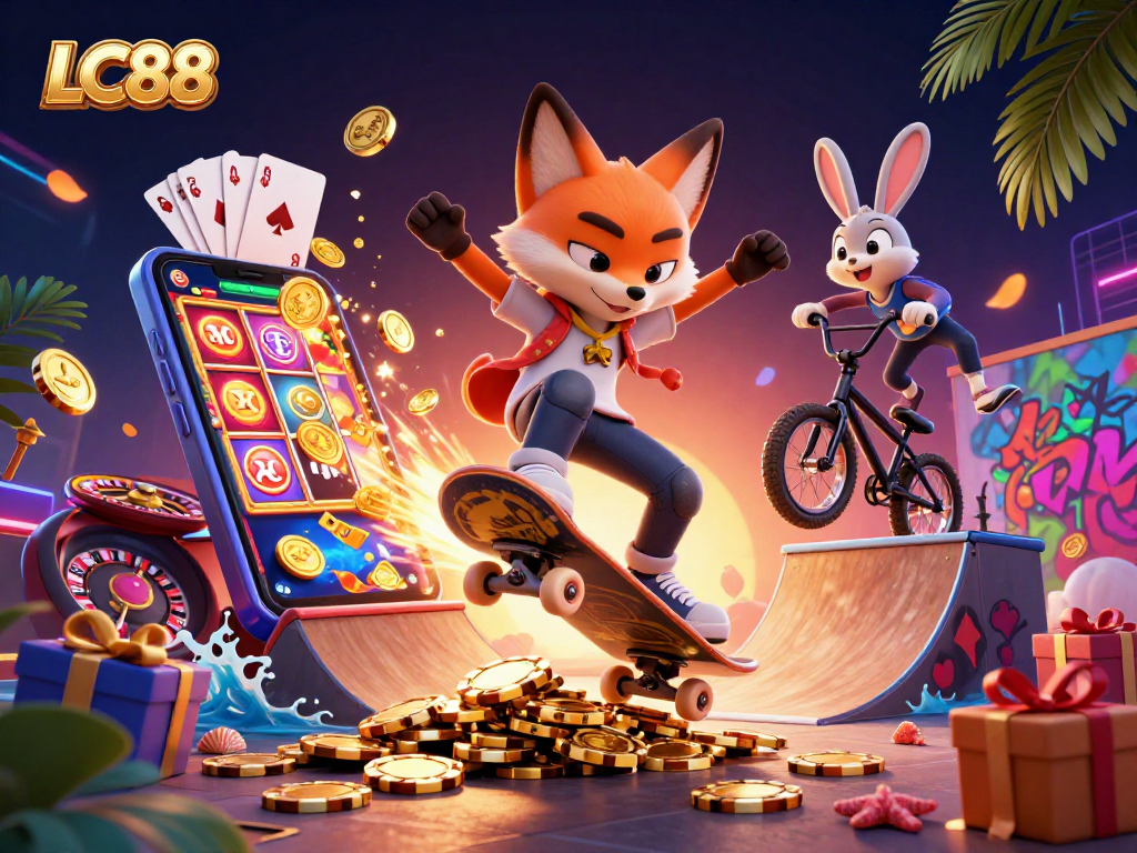 LC88 players engaging with an animated fox and rabbit in a vibrant casino illustration.