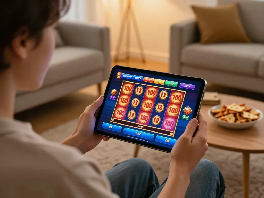 Engaging in slot bet 100 action on a tablet in a cozy home setting, capturing the excitement and strategic gameplay.