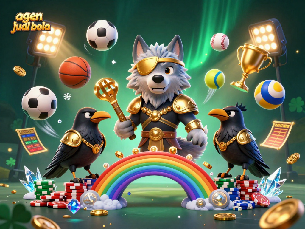 Experience thrilling sports betting with agen judi bola amidst a vibrant 3D casino scene.