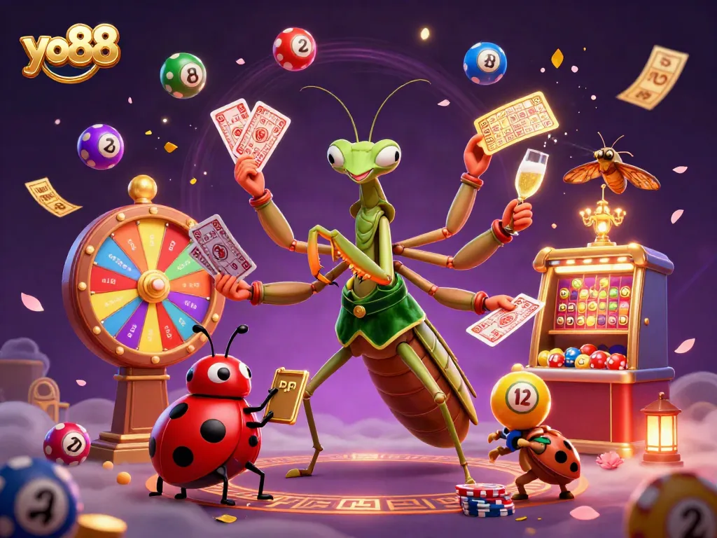 Experience the excitement of yo88 with a dynamic casino scene featuring a mantis dealing cards and colorful lottery elements.