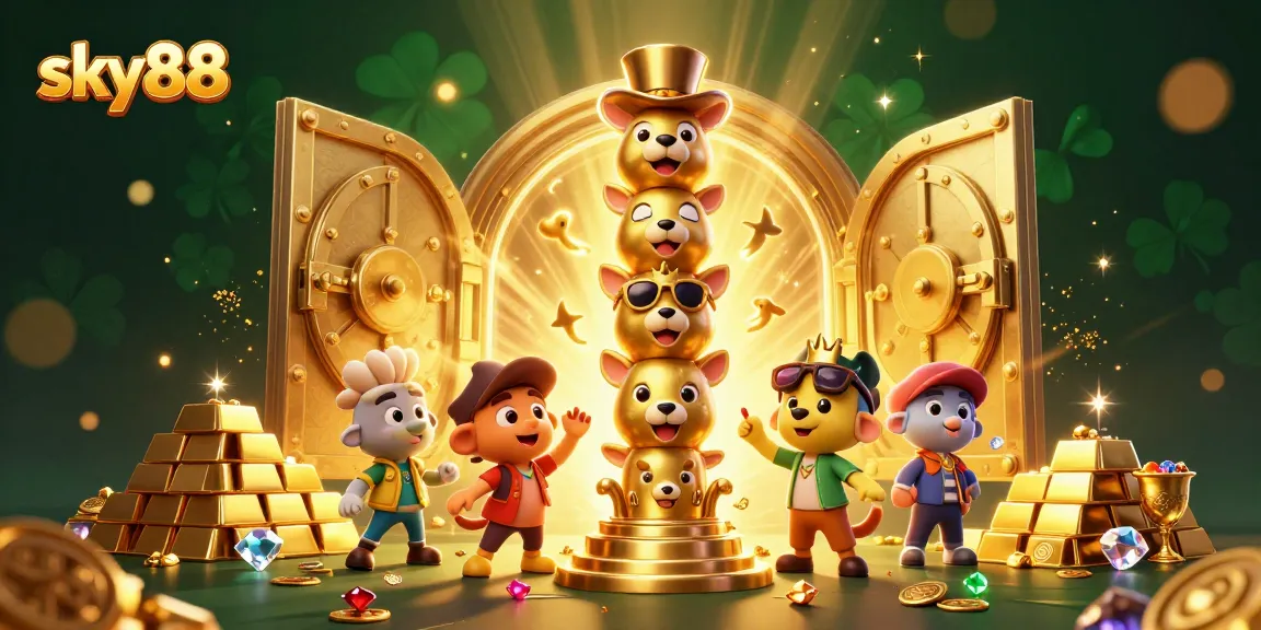 Engage with sky88's vibrant 3D casino scene featuring a totem pole and treasures.