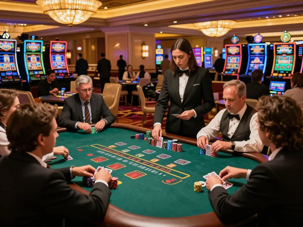 Players at the rokok88 blackjack table strategizing their bets in an upscale casino.