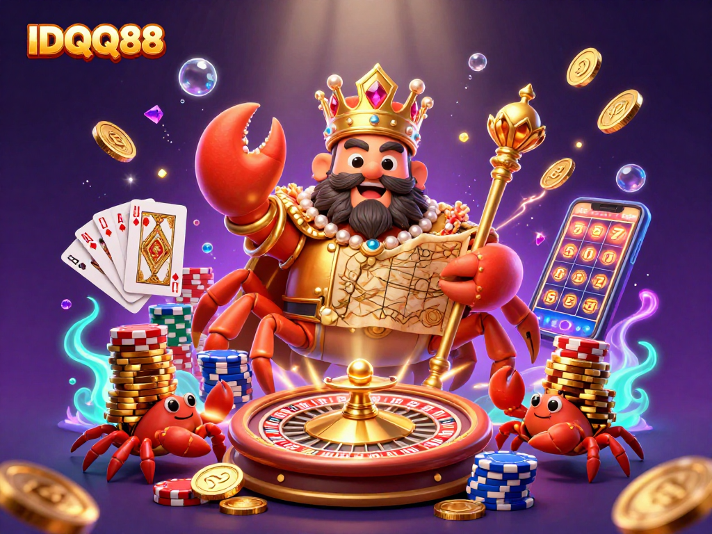 IDQQ88 features a vibrant 3D scene with a golden crab emperor amidst cascading coins and casino elements.